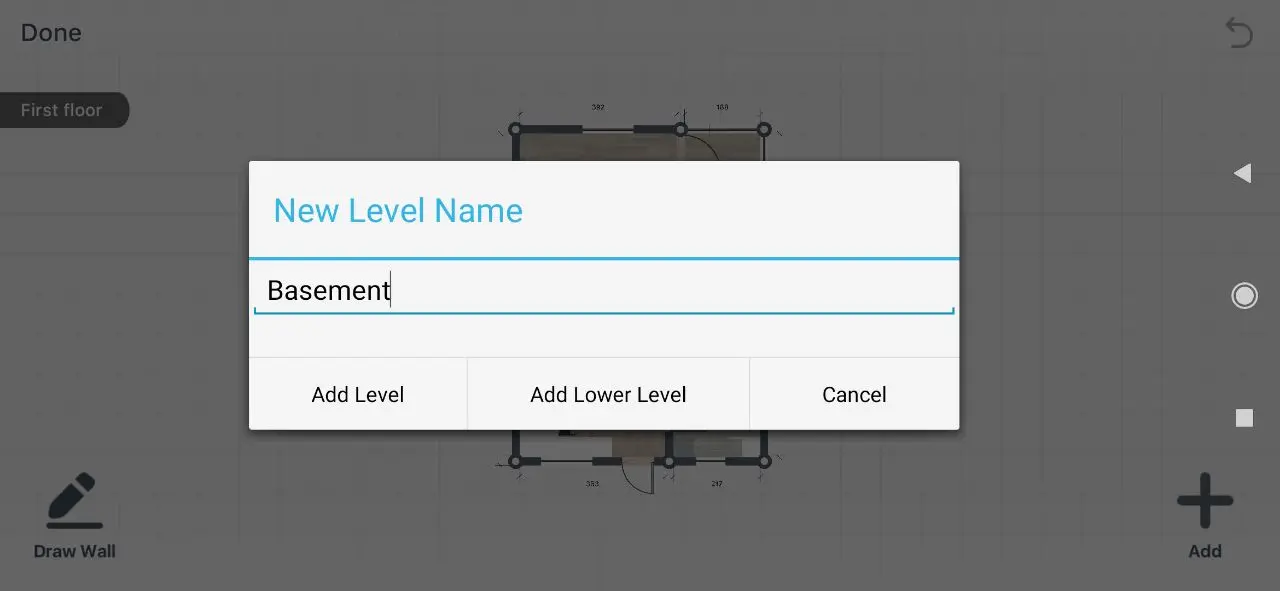 Home Planner New Level dialog with Add Lower Level to create a basement
