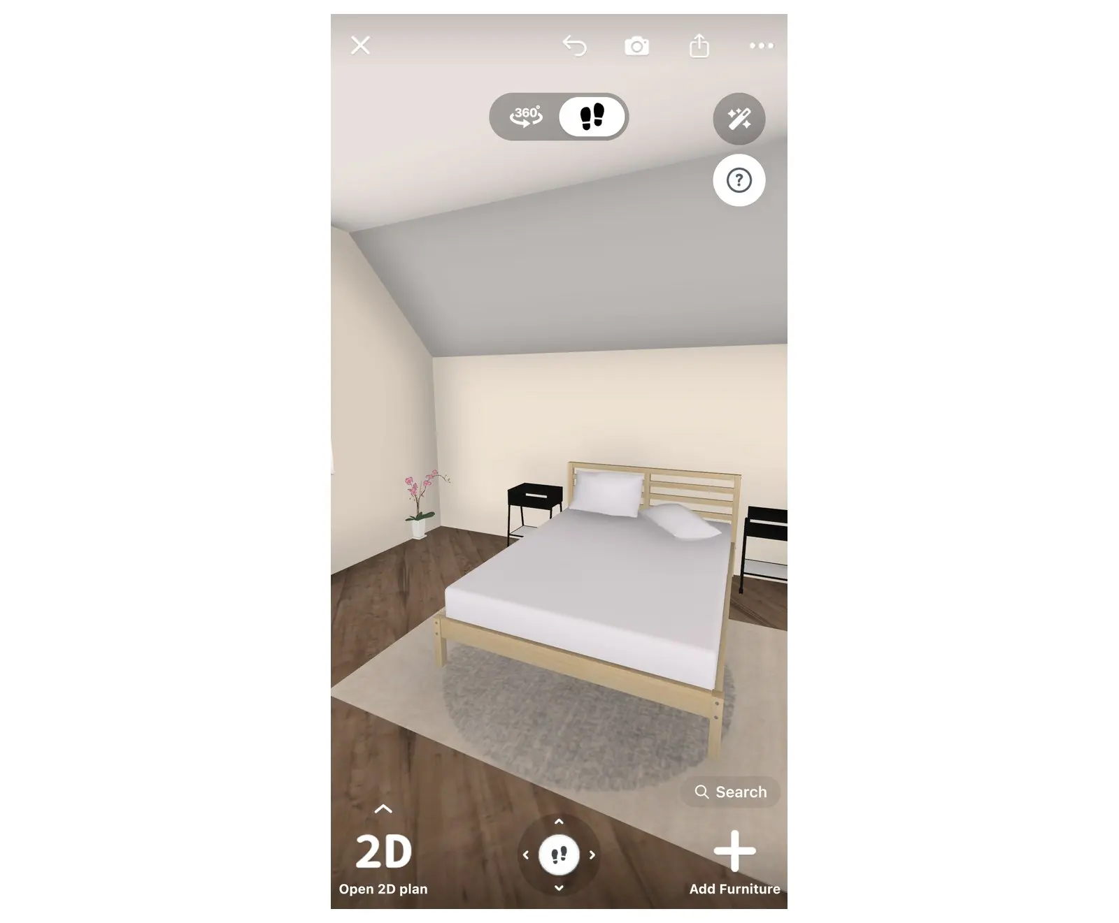 Camera da letto mansardata nella vista 3D di Home Planner con un soffitto inclinato lungo la parete del letto