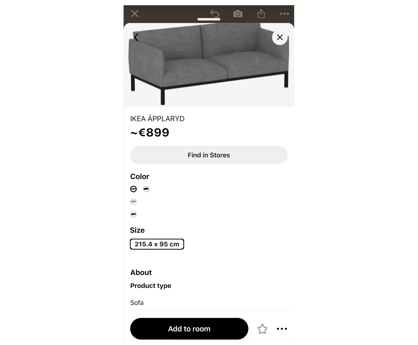 Product card in Home Planner with the product name, the size, the price and Find in Stores