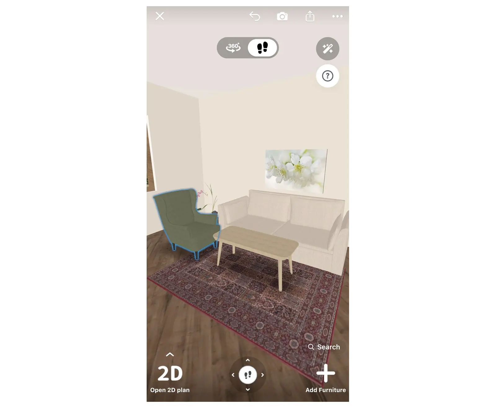 The armchair found by photo, placed in a living room in the Home Planner 3D view