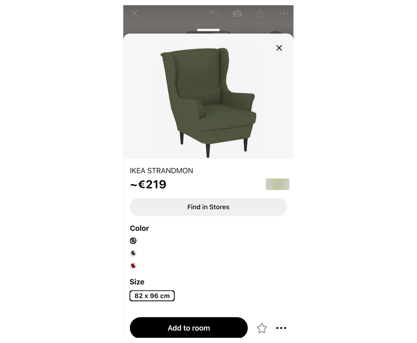 Item card in Home Planner with the Add to room and Find in Stores buttons