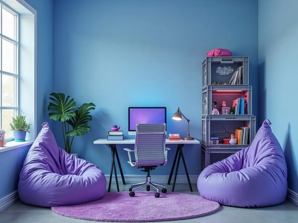 Blue teen room with purple bean bags, a desk with a monitor and a silver crate shelf