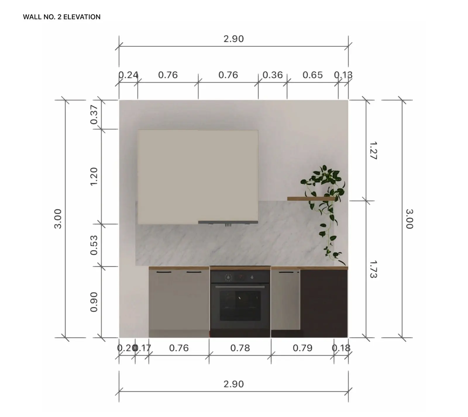 Wall elevations page of a Home Planner PDF report: a kitchen wall drawn face-on with base cabinets, the oven, a wall cabinet and size markers