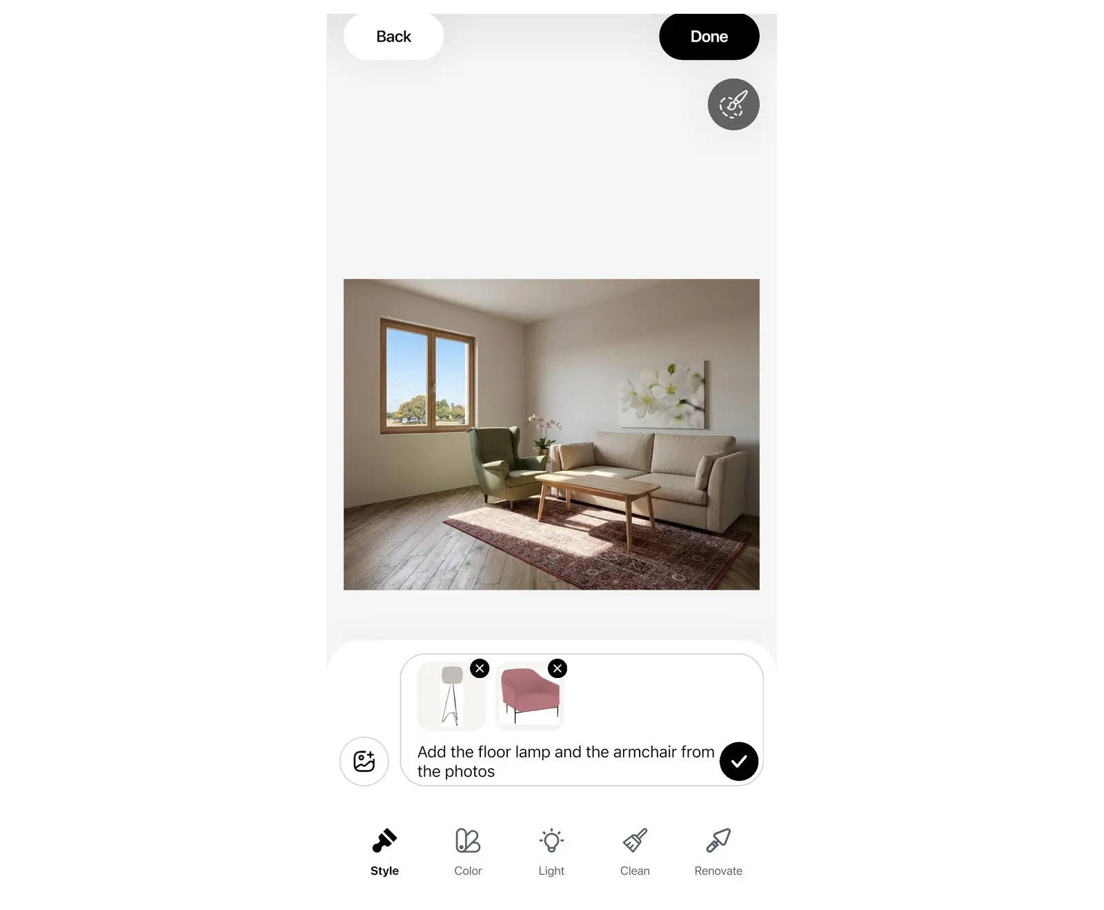 Prompt panel in Home Planner AI Redesign with two reference photos attached next to the add image button