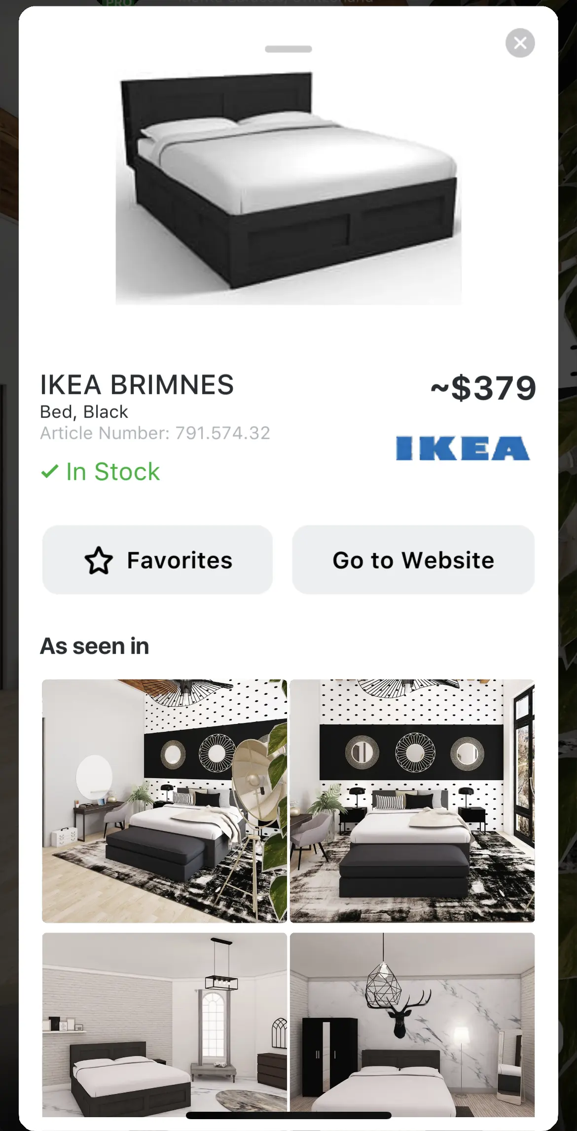Product card for a black bed with price, store link and As seen in designs
