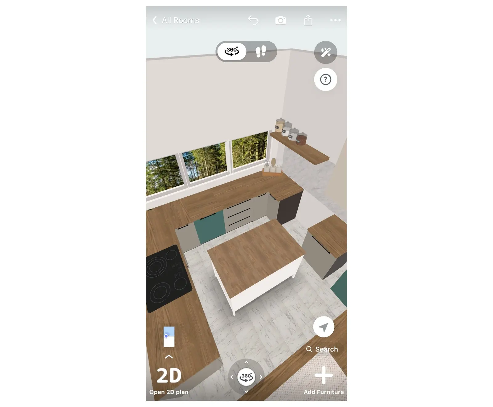 Home Planner 3D view of a kitchen layout with an added island