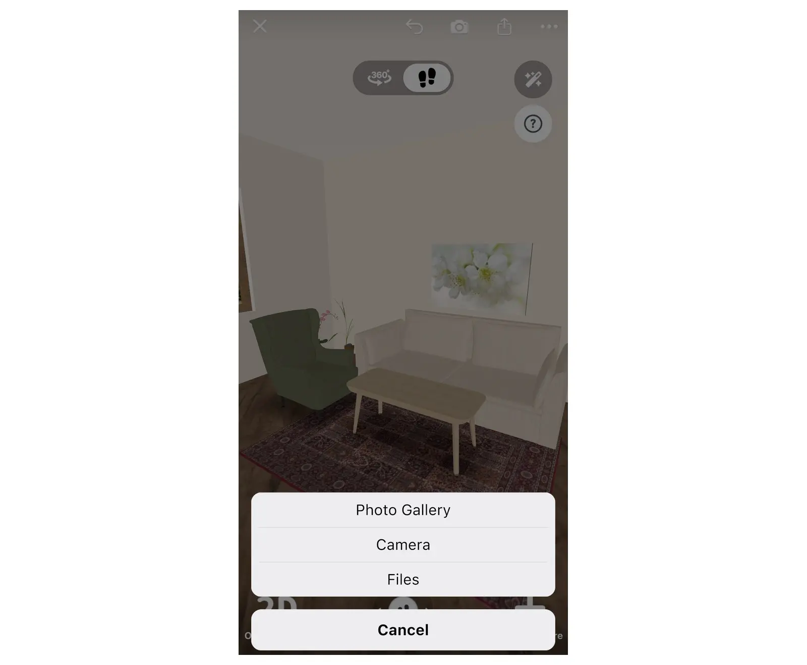 Home Planner menu to choose a photo source: Photo Gallery, Camera, Files