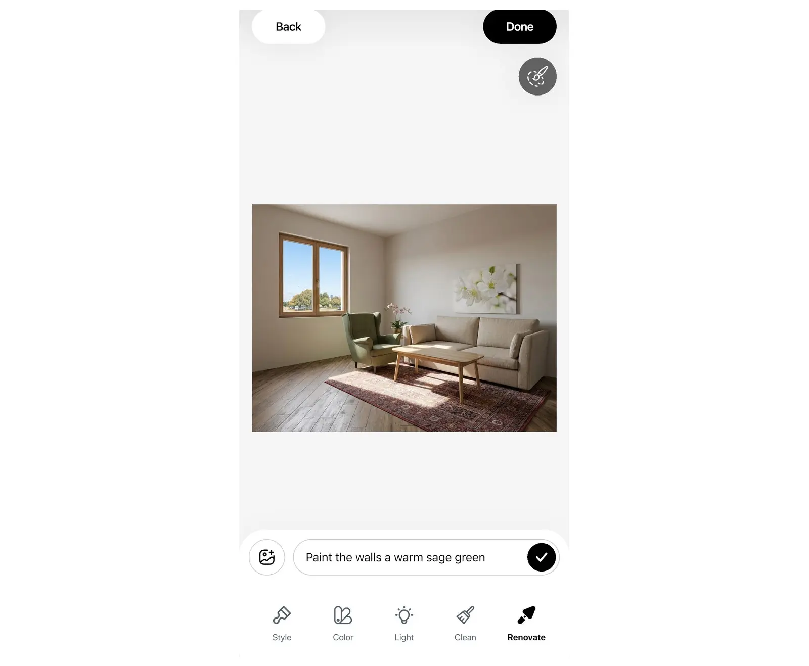 Prompt panel in Home Planner AI Redesign: a typed prompt, the add image button and the send button