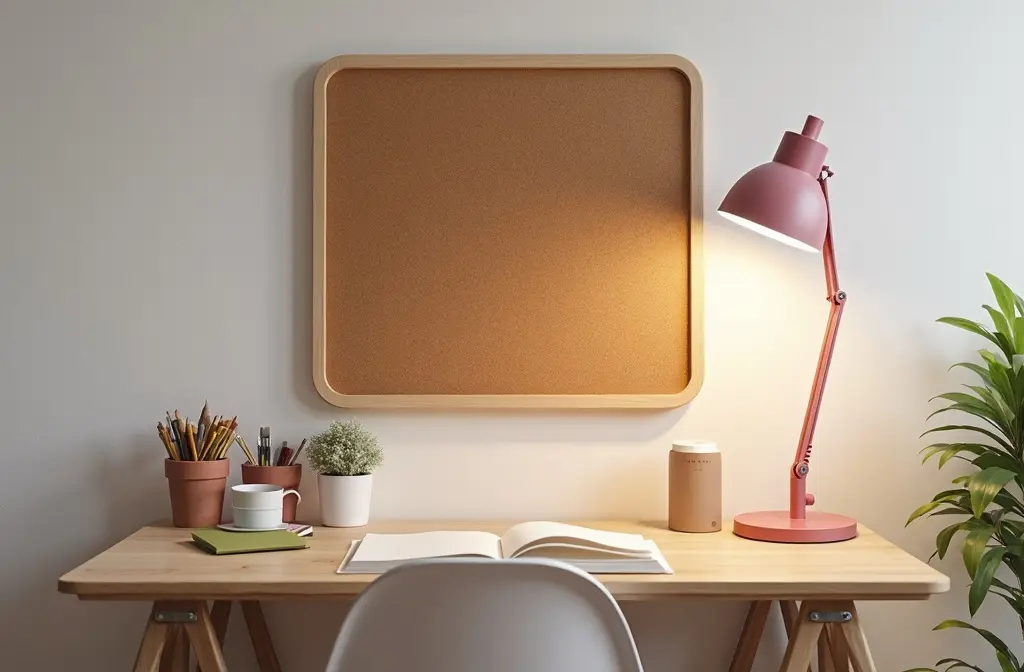 Small study desk with a pink desk lamp, a corkboard and pencil holders