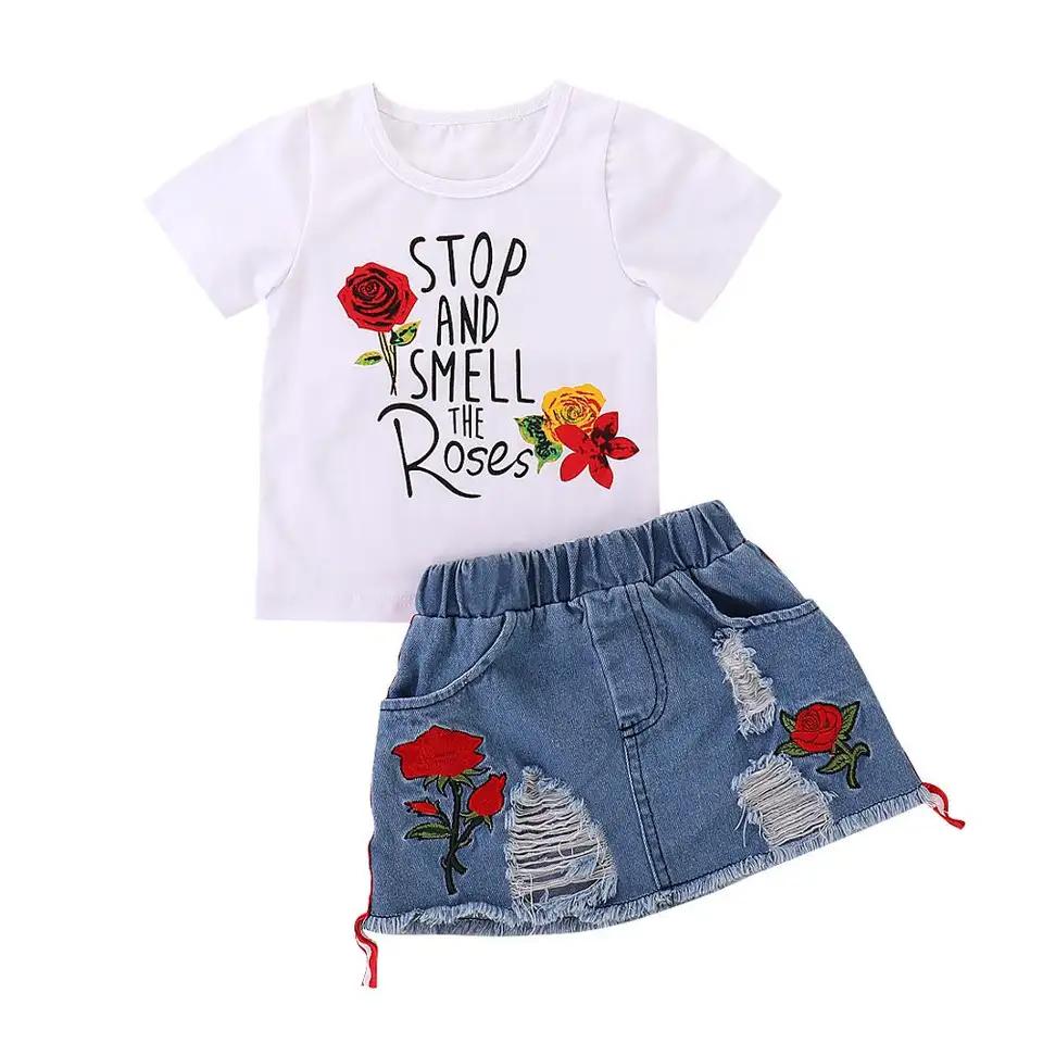 2-6 Years Kids Clothes for Girls Top White T-shirt and Denim Skirt Summer Sets