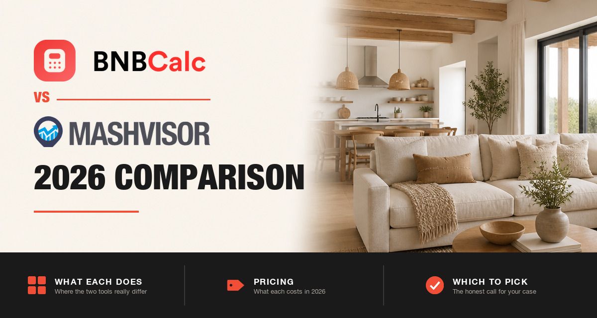 BNBCalc and Mashvisor logos beside a short-term rental home, Mashvisor comparison 2026