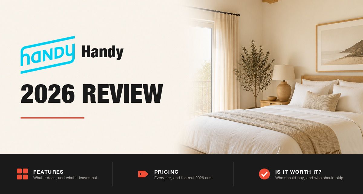 Handy 2026 review hero image: Handy branding beside a freshly made rental bed