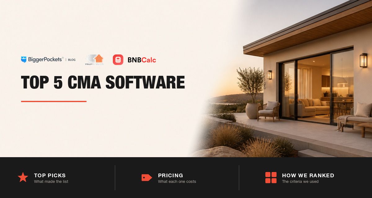 CMA software logos beside a contemporary short-term rental home at dusk