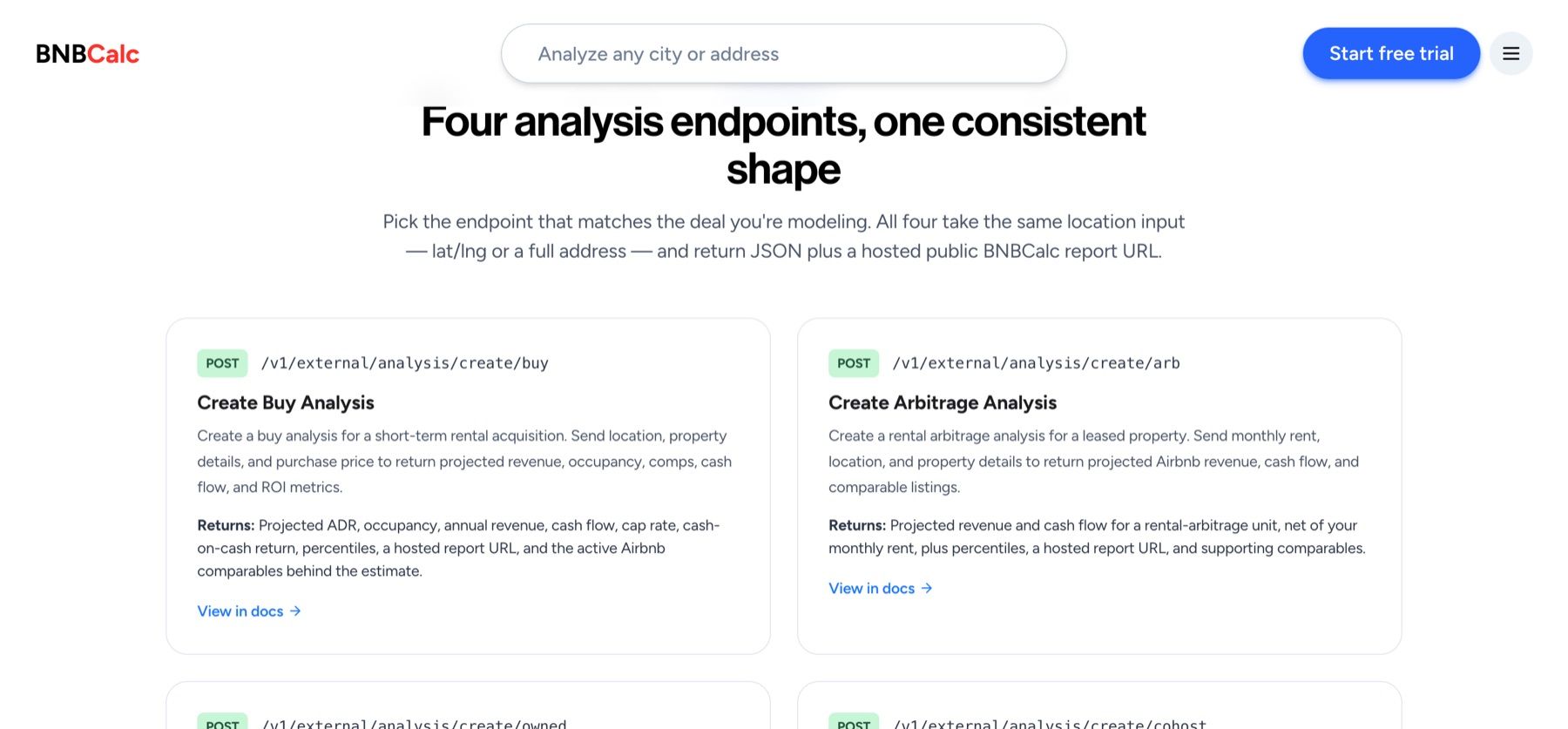 The four BNBCalc API endpoints documented on one page, create/buy and create/arb shown with their POST paths and the metrics each returns