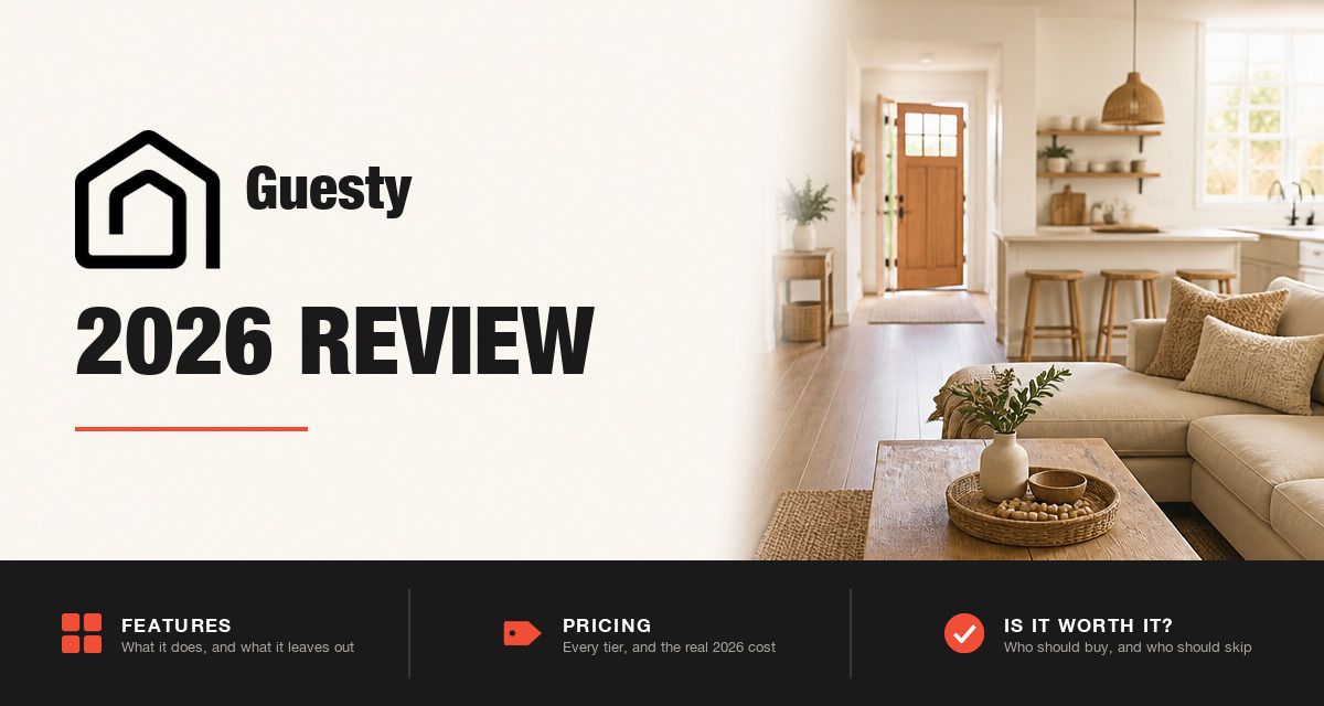 Guesty 2026 review hero image: Guesty branding beside a staged rental living room