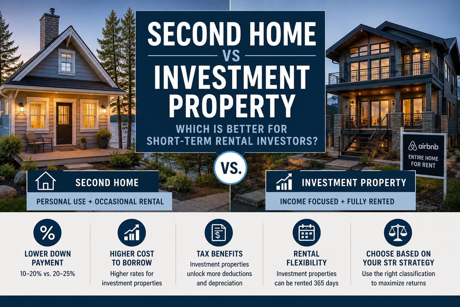 Second home vs investment property comparison infographic showing down payments, tax benefits, and STR flexibility