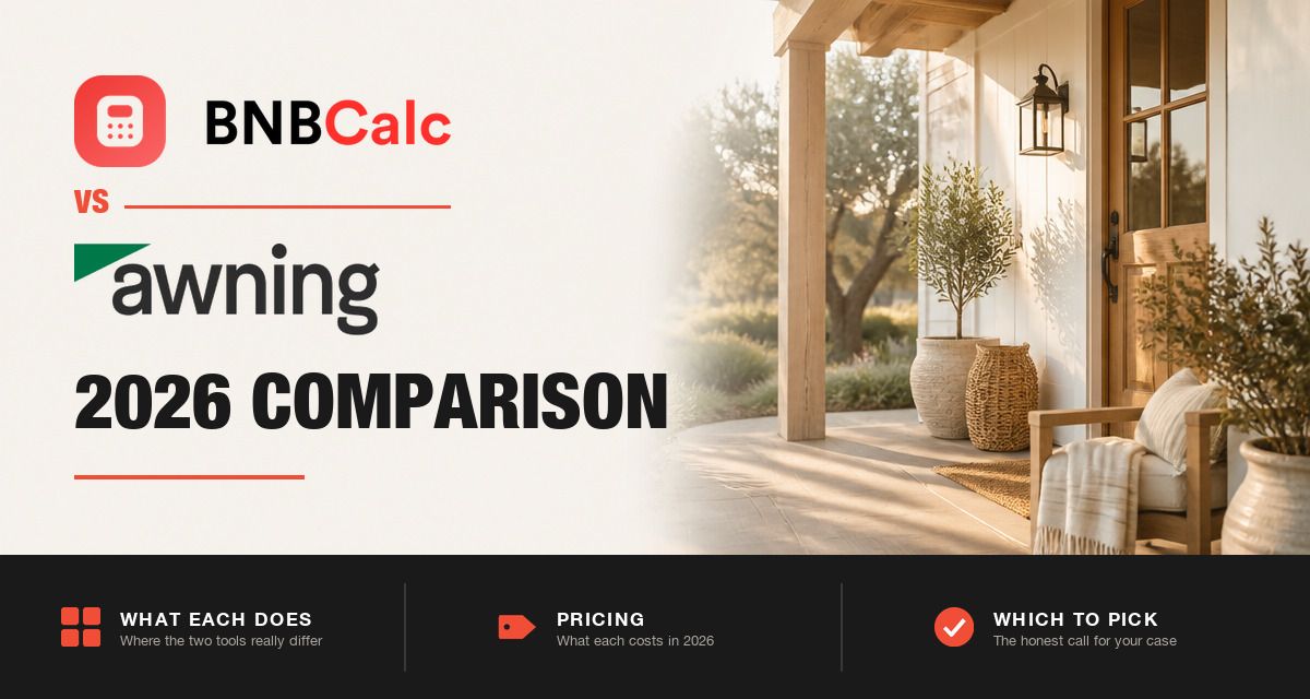 BNBCalc and Awning logos beside a short-term rental home, Awning comparison 2026