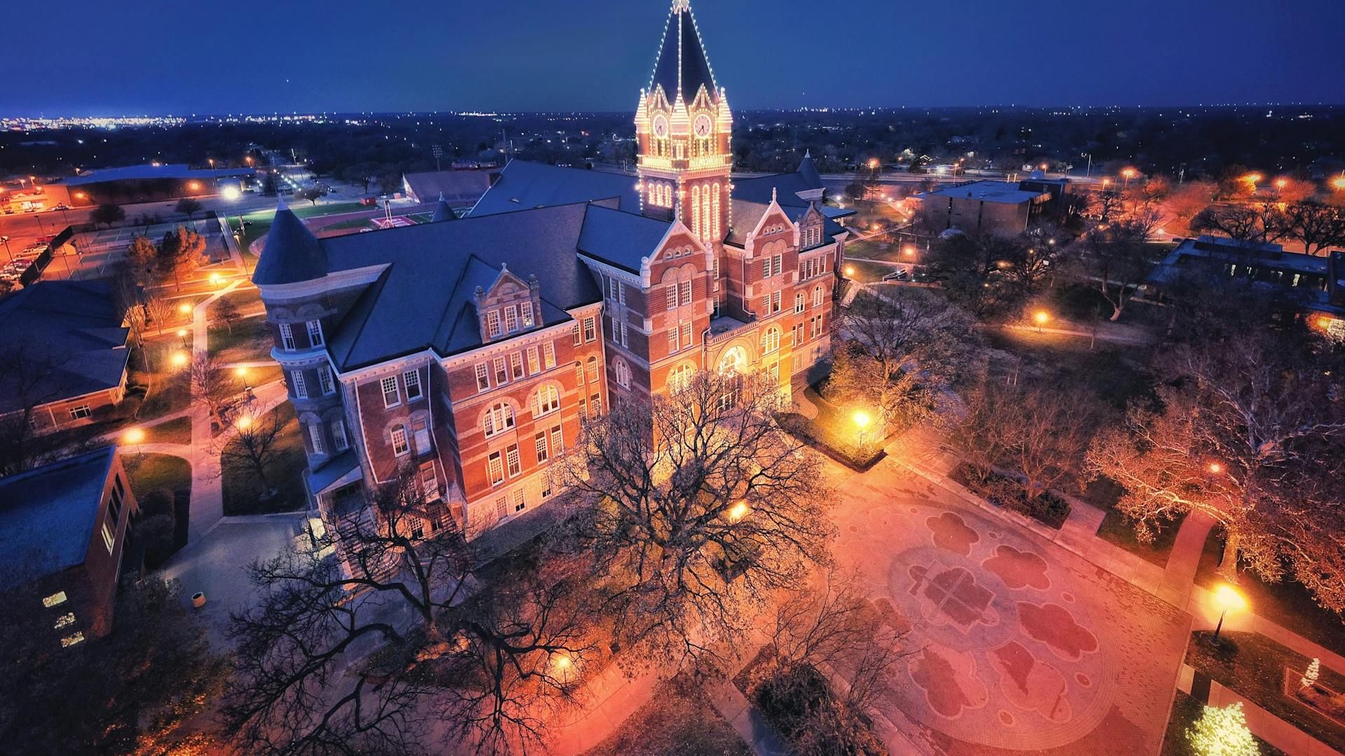 Aerial View of Illuminated Building of the Friends University in Wichita, Kansas, USA