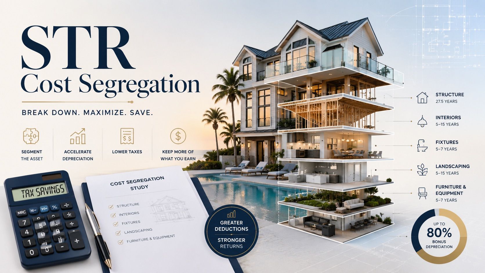 Cost segregation cutaway of a short-term rental: structure 27.5 years, interiors and landscaping 5 to 15 years, fixtures and furniture 5 to 7 years.
