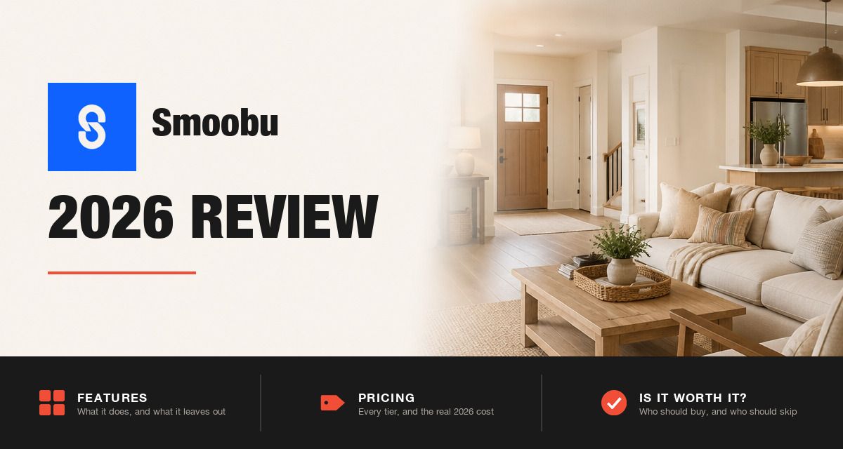 Smoobu 2026 review hero image: Smoobu branding beside a staged rental living room