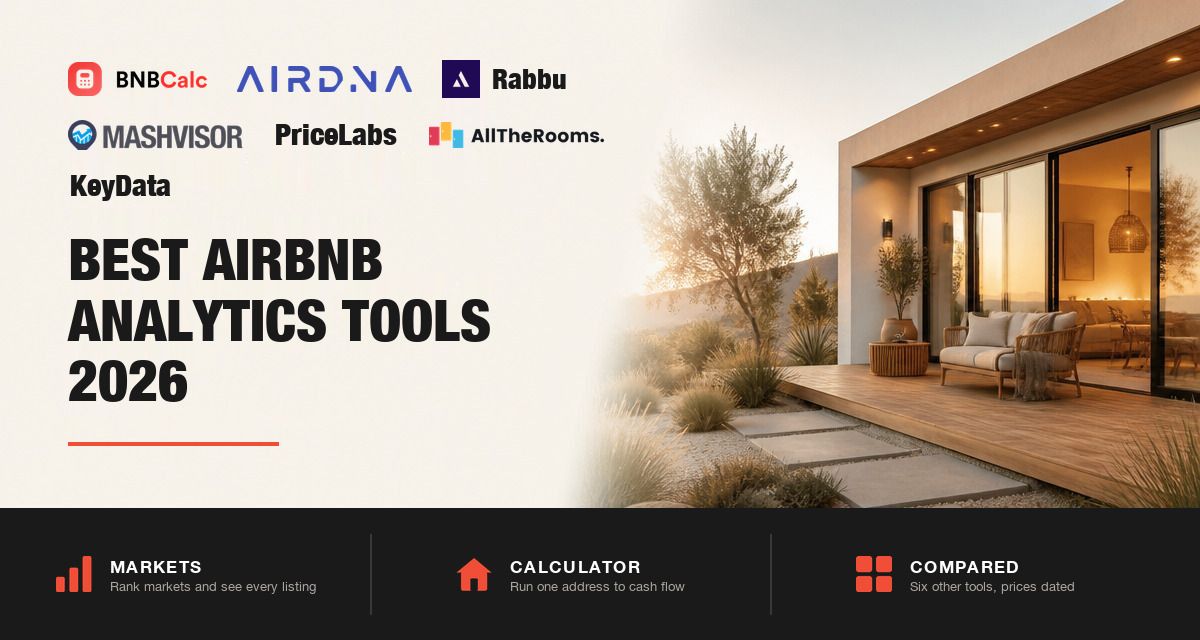 Logos of BNBCalc, AirDNA, Rabbu, Mashvisor, PriceLabs, AllTheRooms and KeyData, title Best Airbnb Analytics Tools 2026