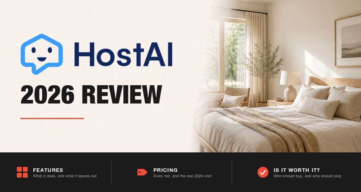 HostAI 2026 review hero image: HostAI branding beside a styled rental bedroom