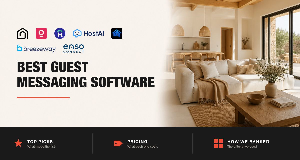 Guest messaging software logos beside a sunlit short-term rental living space
