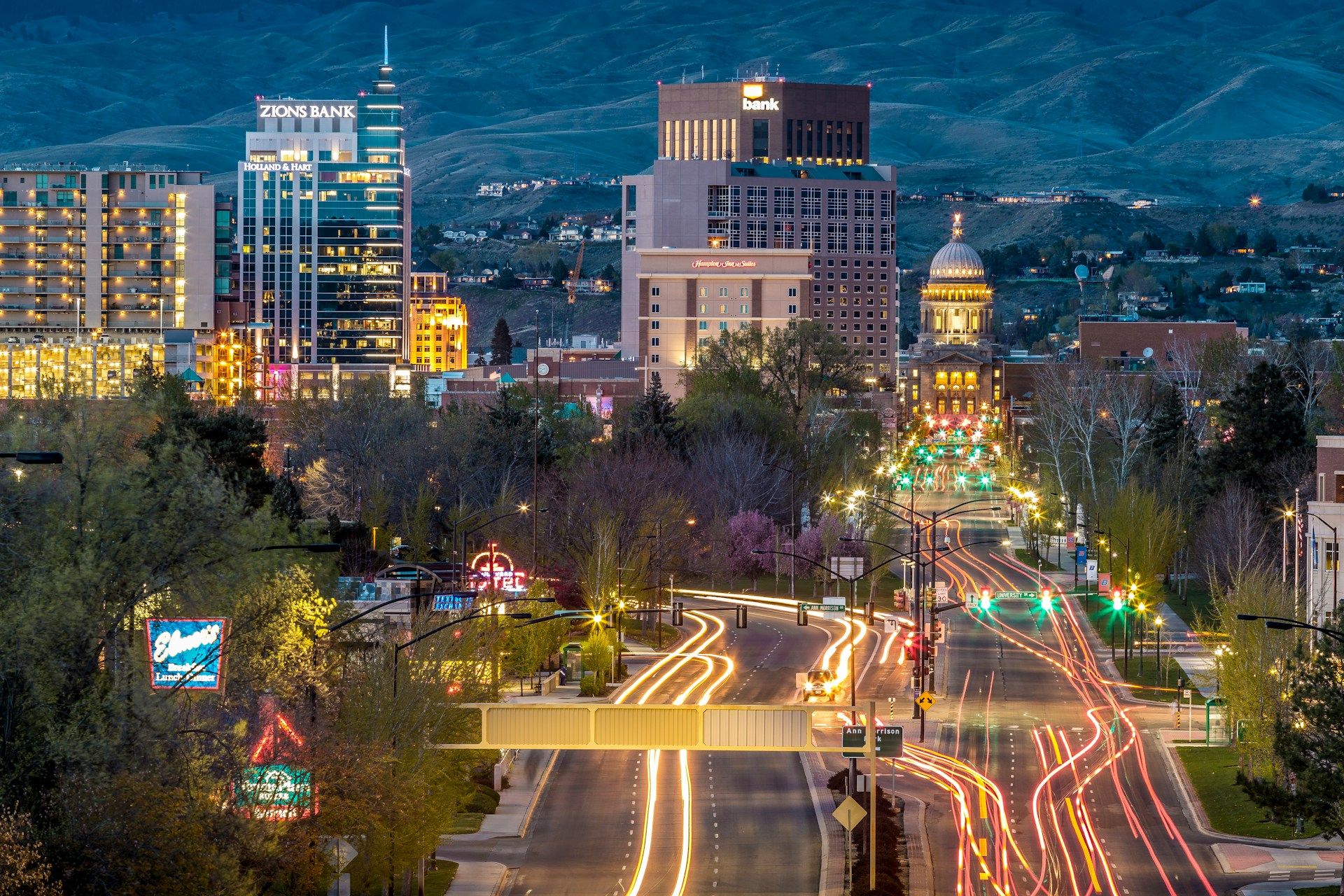 Colorful urban traffic at night in Boise