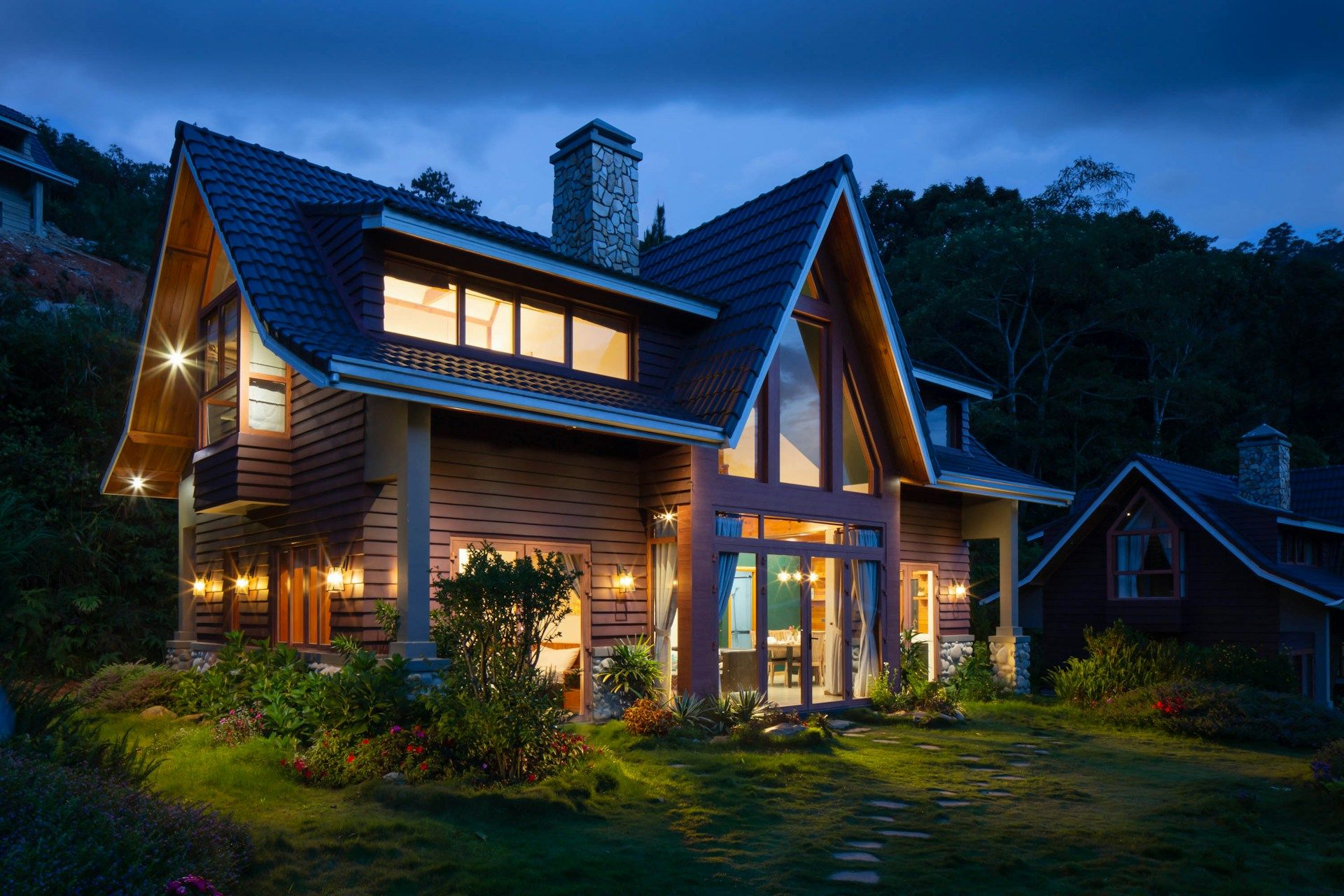 A modern wooden house at night