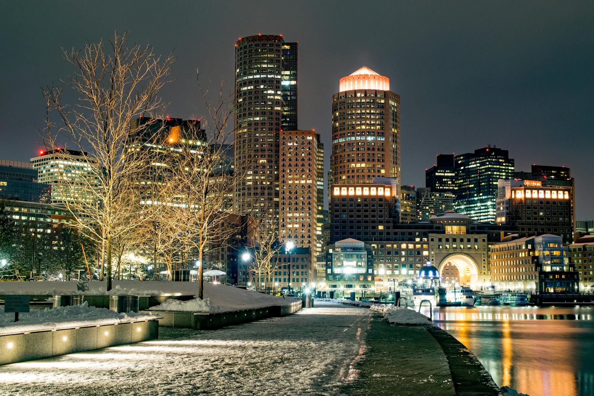 City Buildings in Boston During Night Time