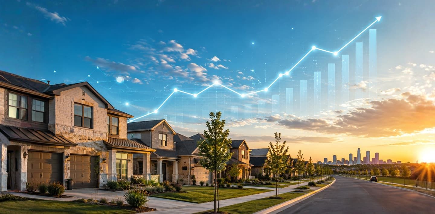 New suburban homes at sunset with a city skyline and a rising growth chart, illustrating Texas infrastructure demand.