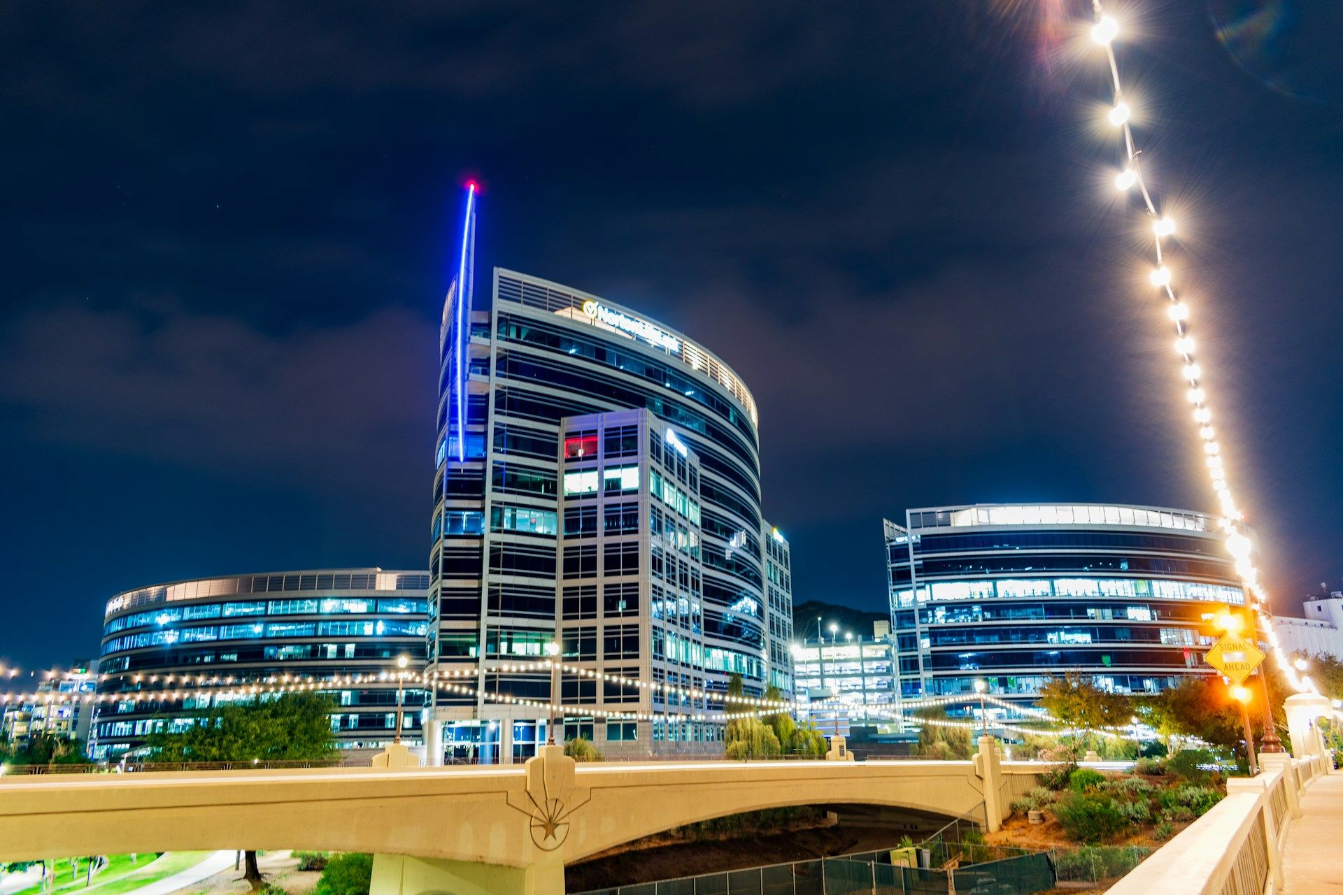 A photo of a building at night in Tempe