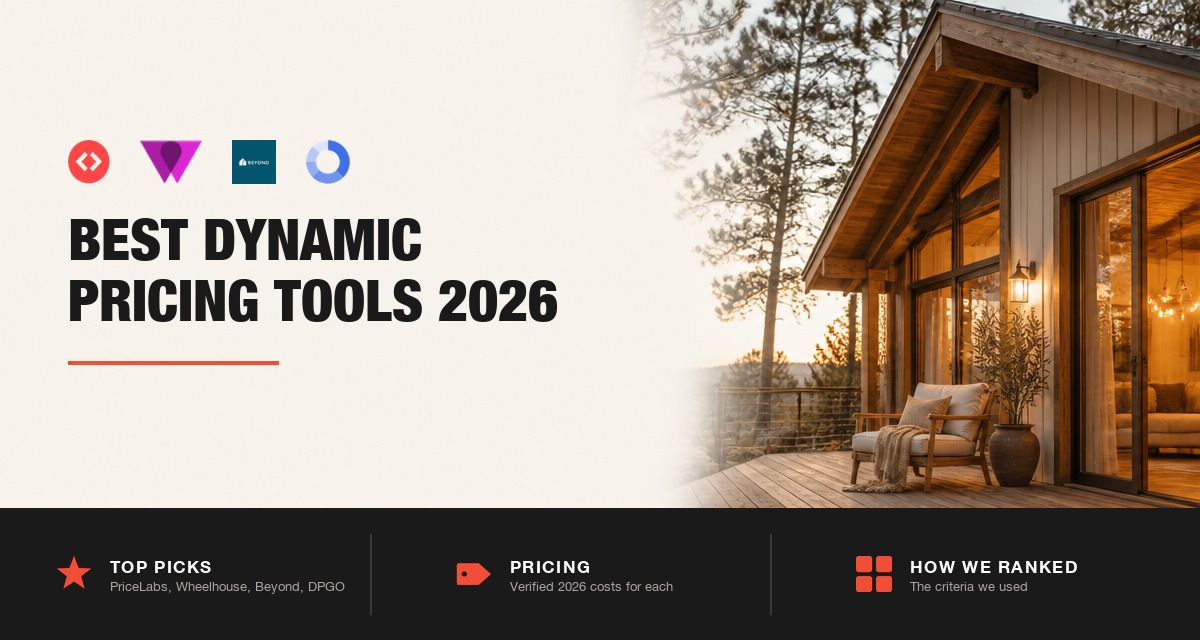 Dynamic pricing tool logos beside a modern rental cabin at dusk, best tools for 2026