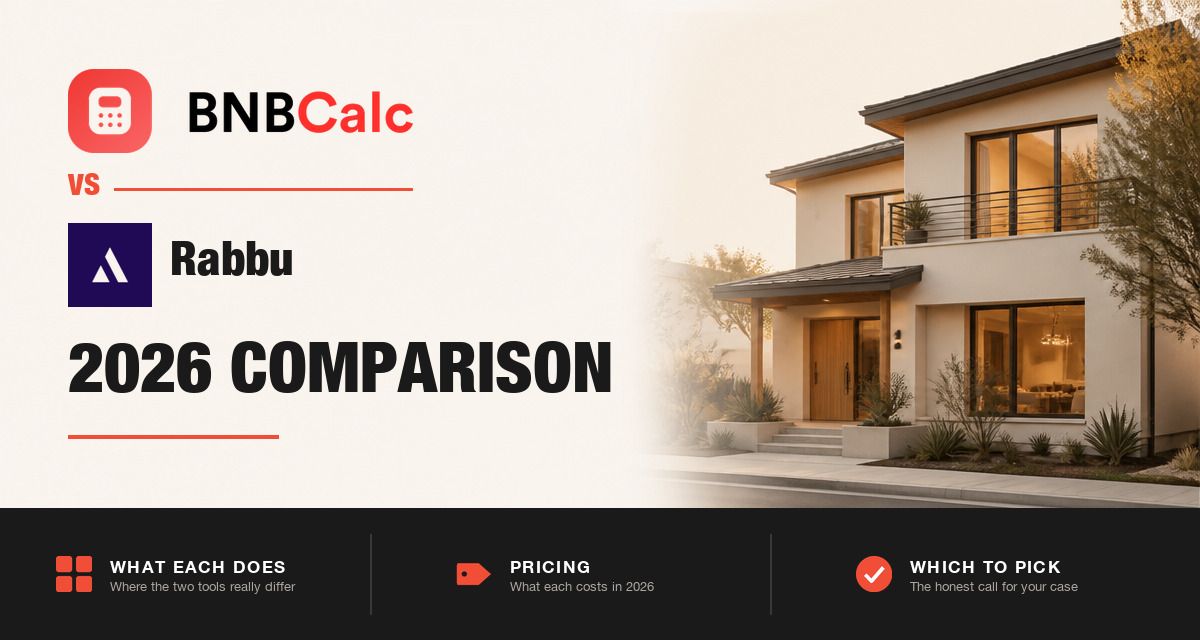 BNBCalc and Rabbu logos beside a short-term rental home, Rabbu comparison 2026