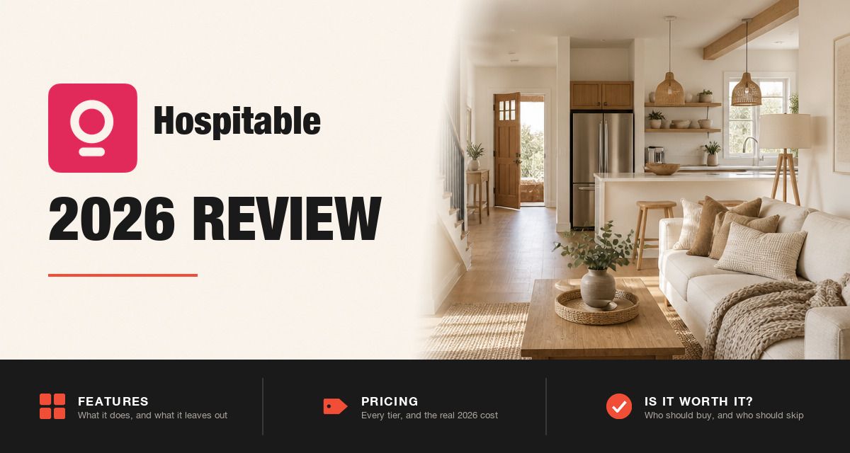 Hospitable 2026 review hero image: Hospitable branding beside a staged rental living room