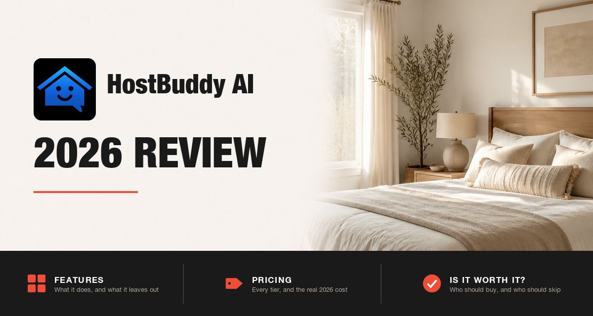 HostBuddy AI 2026 review hero image: HostBuddy AI branding beside a styled rental bedroom