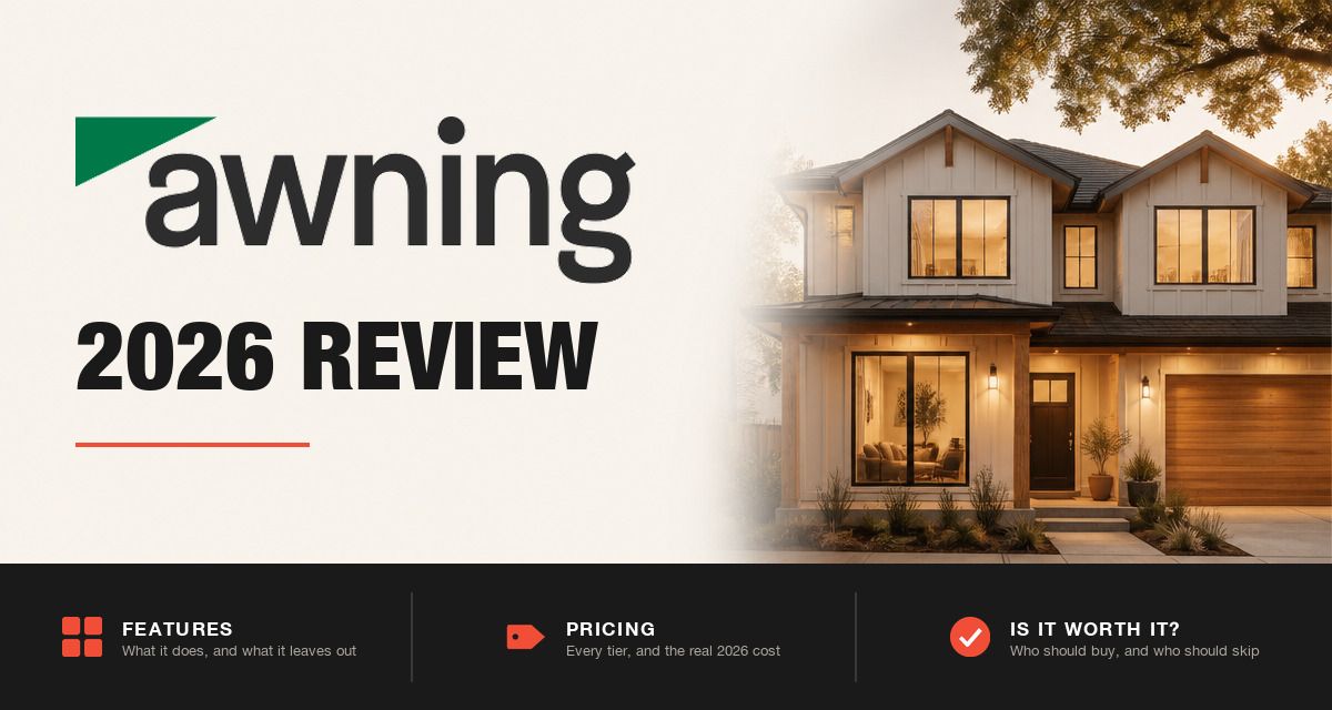 Awning 2026 review hero image: Awning branding beside a modern rental home at golden hour