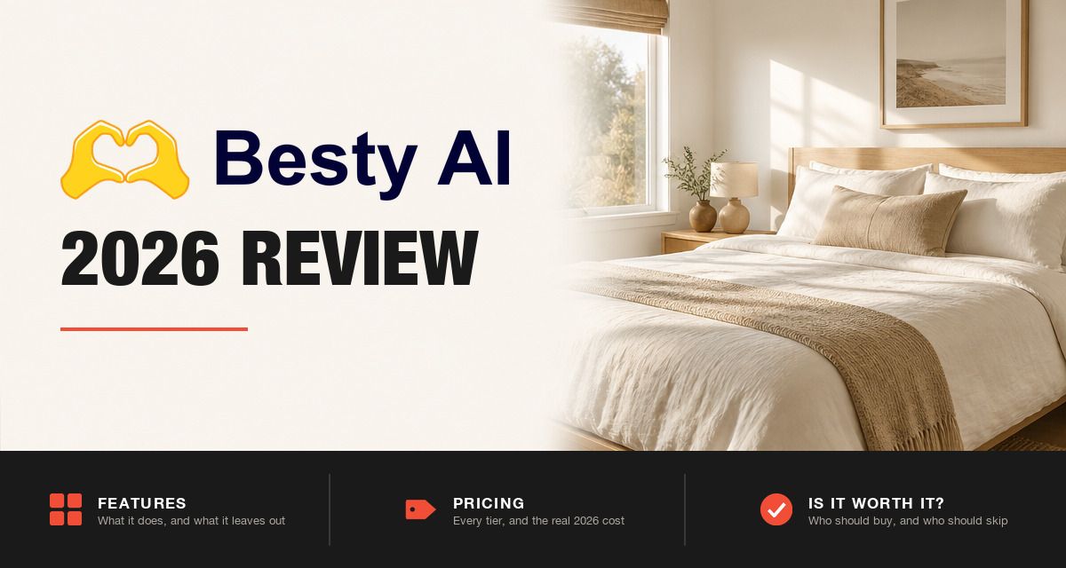 Besty AI 2026 review hero image: Besty AI branding beside a styled rental bedroom