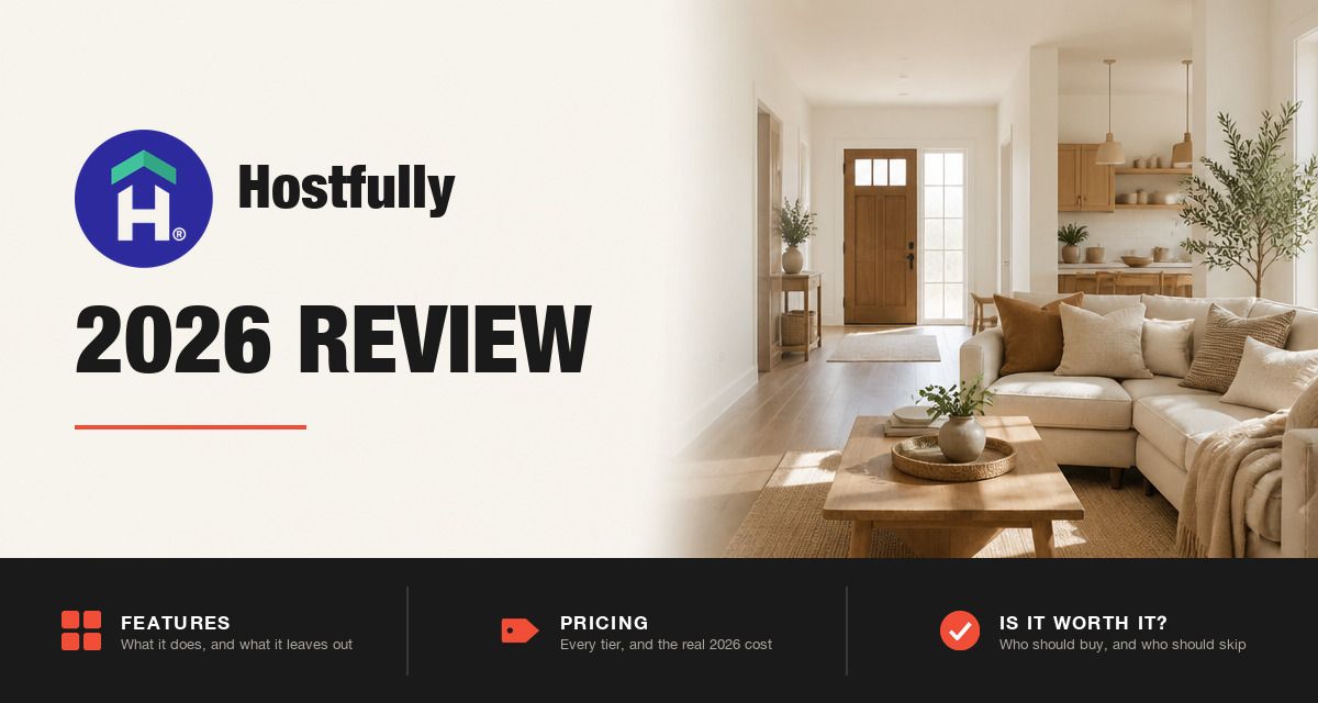 Hostfully 2026 review hero image: Hostfully branding beside a staged rental living room