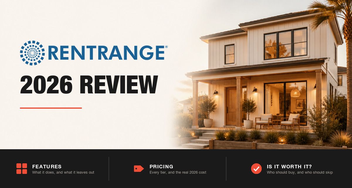 RentRange 2026 review hero image: RentRange branding beside a modern rental home at golden hour