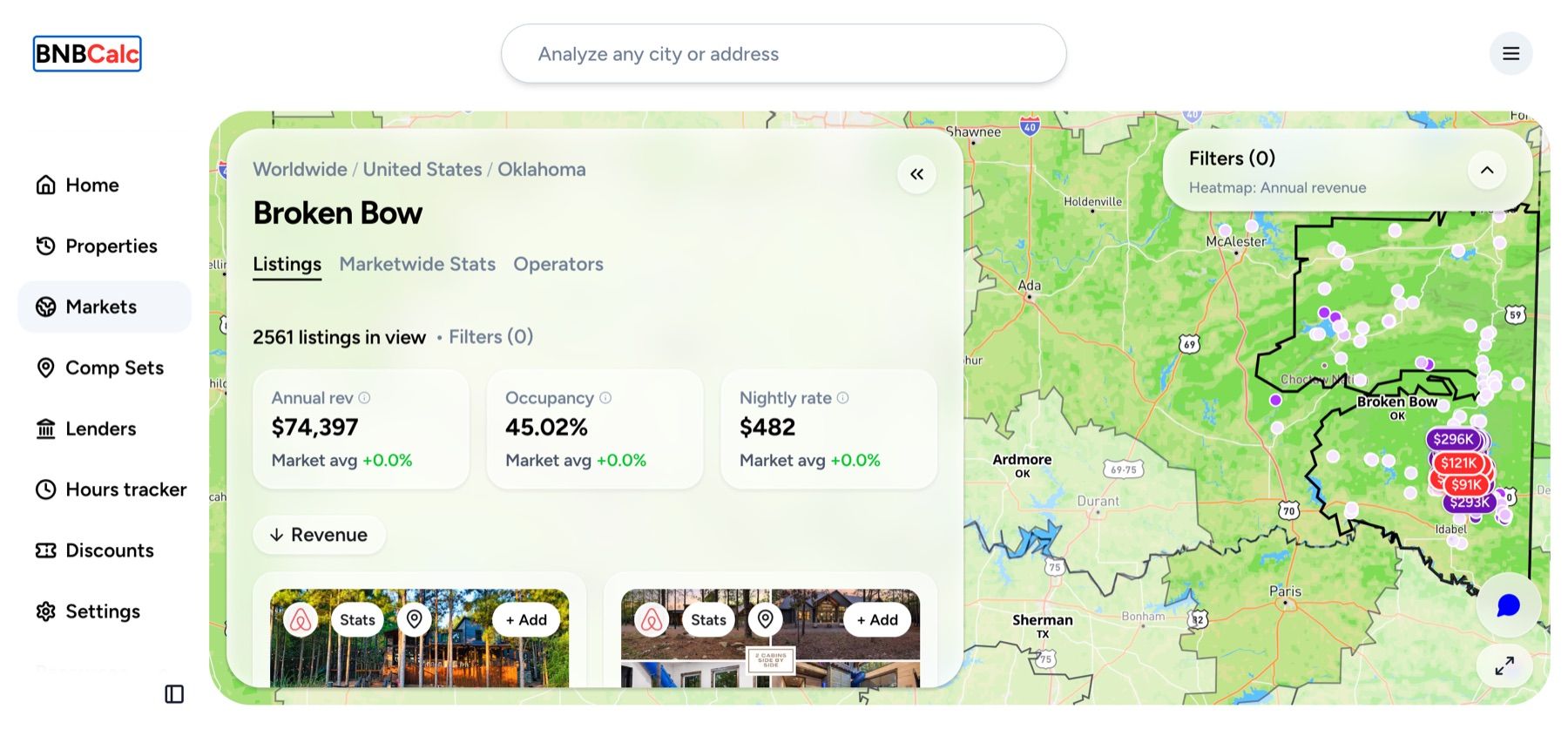 BNBCalc Markets listings view with revenue pins across the map and individual listing cards in the sidebar
