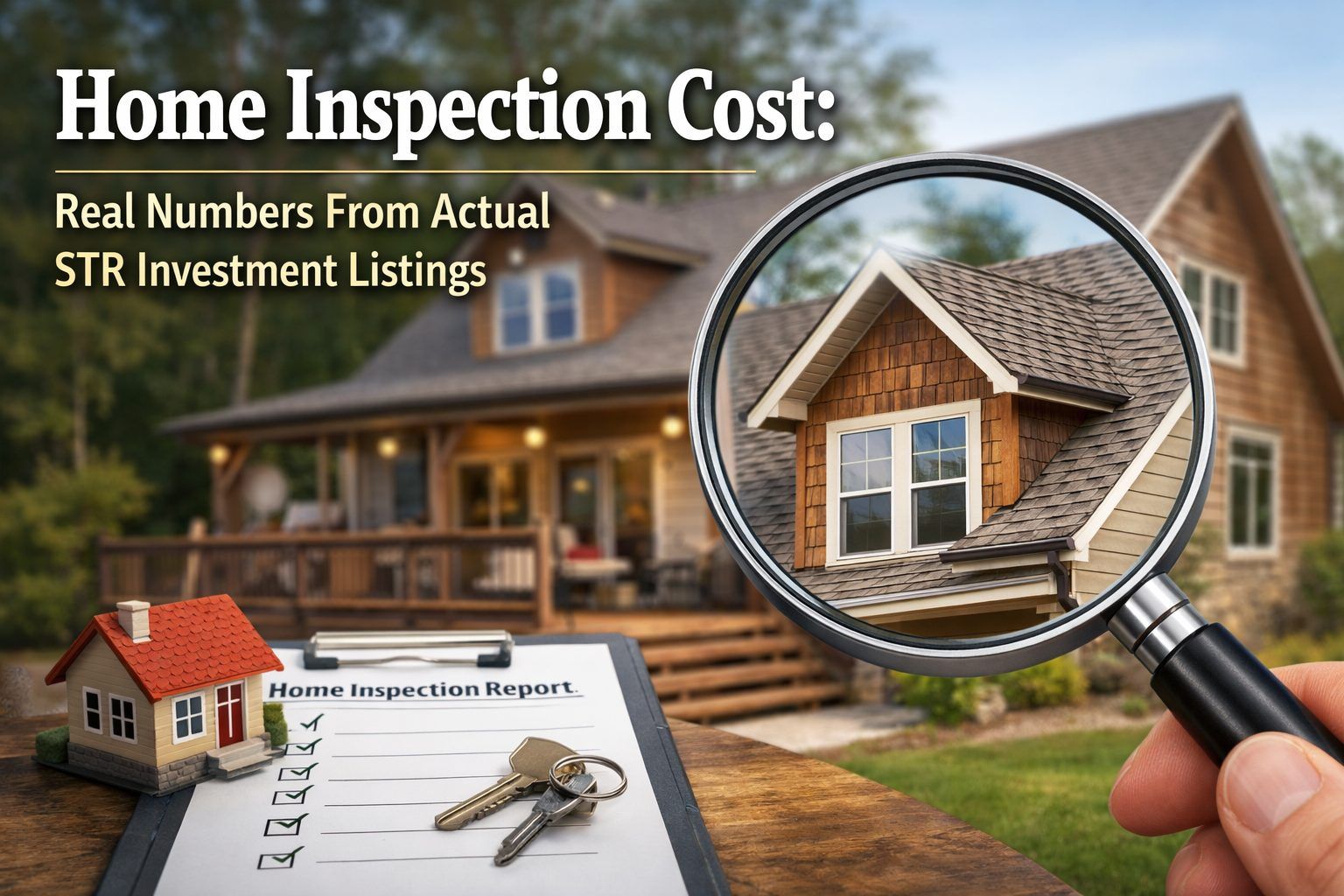 A magnifying glass examines a suburban home alongside a clipboard with a home inspection report checklist and house   keys, illustrating the cost of home inspections for STR investment properties.