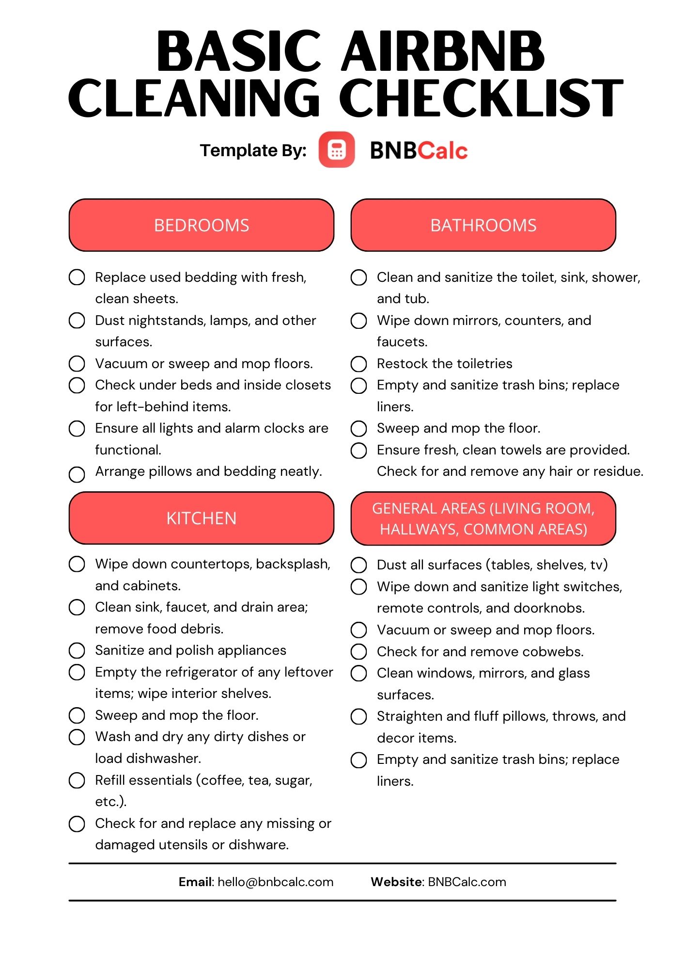 Basic Airbnb Cleaning Checklist Template by BNBCalc Part 1