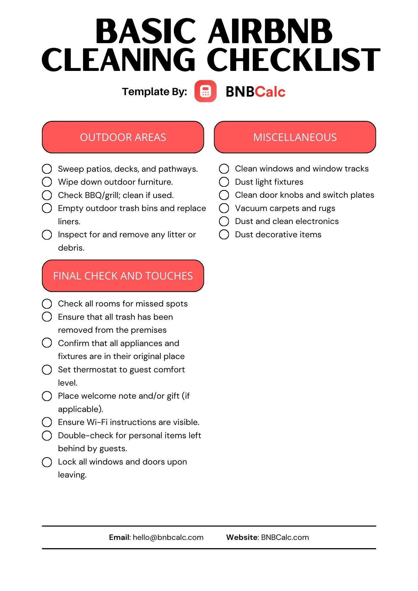 Basic Airbnb Cleaning Checklist Template by BNBCalc Part 2