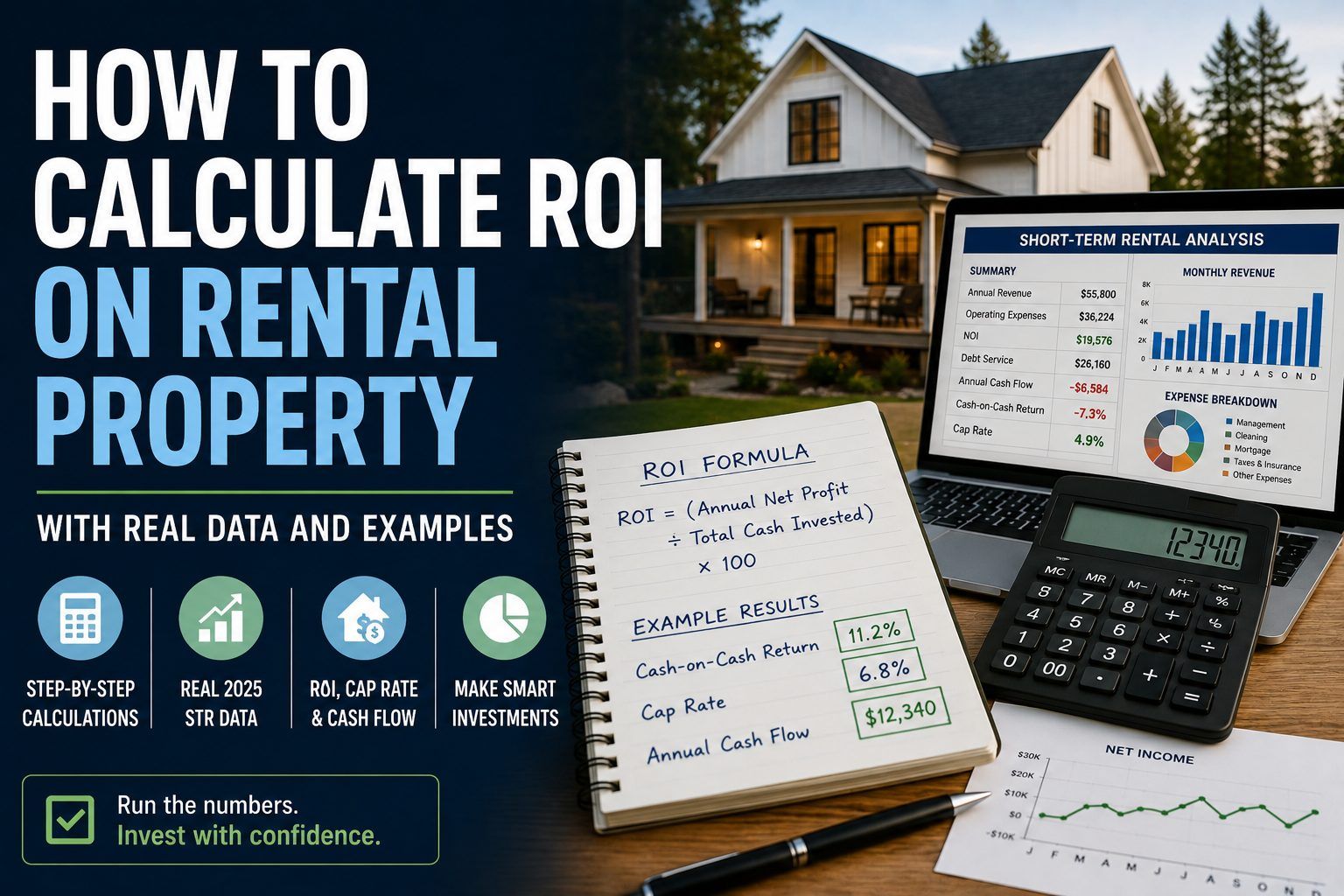 How to calculate ROI on rental property infographic with cash-on-cash return, cap rate, and annual cash flow examples