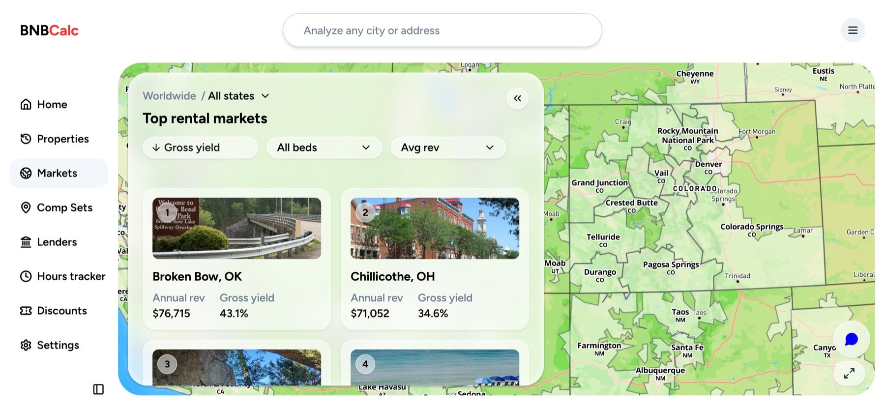 BNBCalc Markets top rental markets ranked by gross yield, with market cards showing annual revenue beside a map of the United States