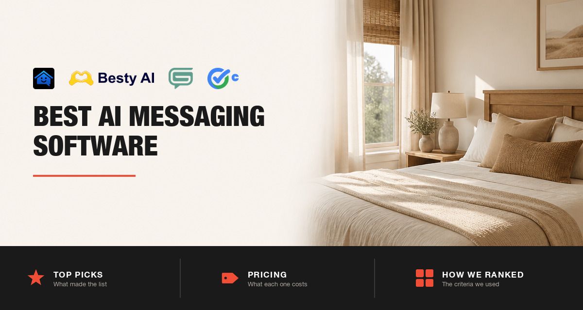 AI messaging tool logos beside a styled short-term rental guest bedroom