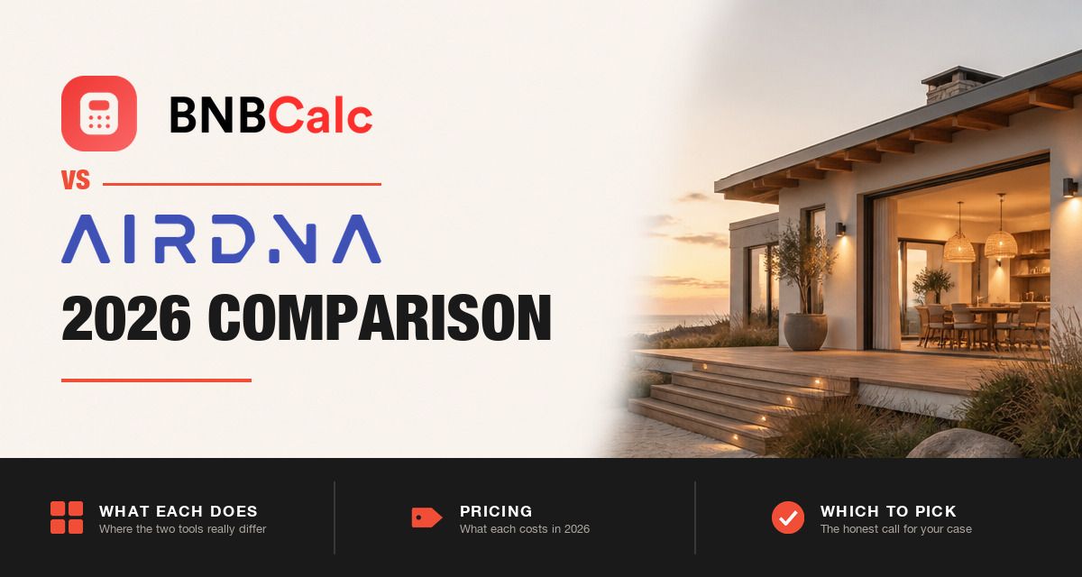 BNBCalc and AirDNA logos beside a short-term rental home, AirDNA comparison 2026