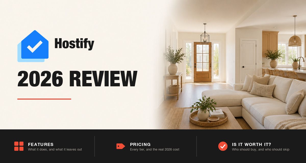 Hostify 2026 review hero image: Hostify branding beside a staged rental living room