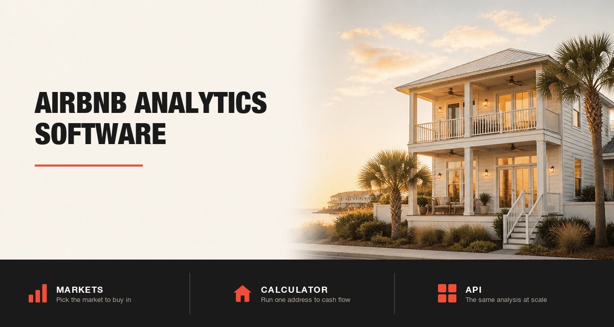Modern two-story rental house at golden hour, beside the title Airbnb Analytics Software